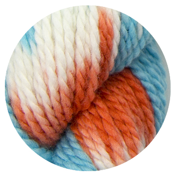 TOFT luxury hand dyes orange blue and cream yarn in DK